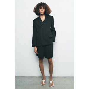 Zara Womens Blazer Jacket Small S Black Double Breast Linen Blend 2490/586 NWOT